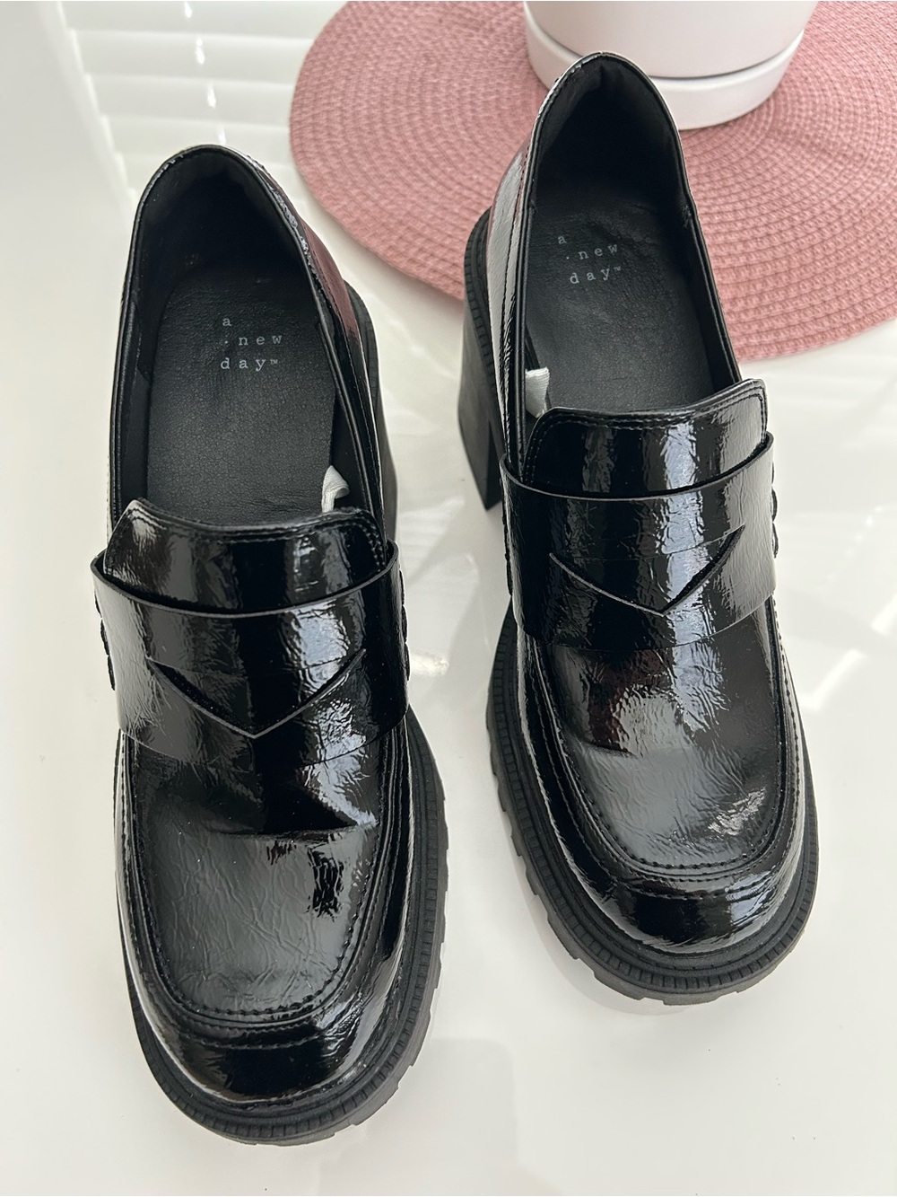 a new day Black Patent Chunky Lug Heel Loafers - Picture 2 of 5